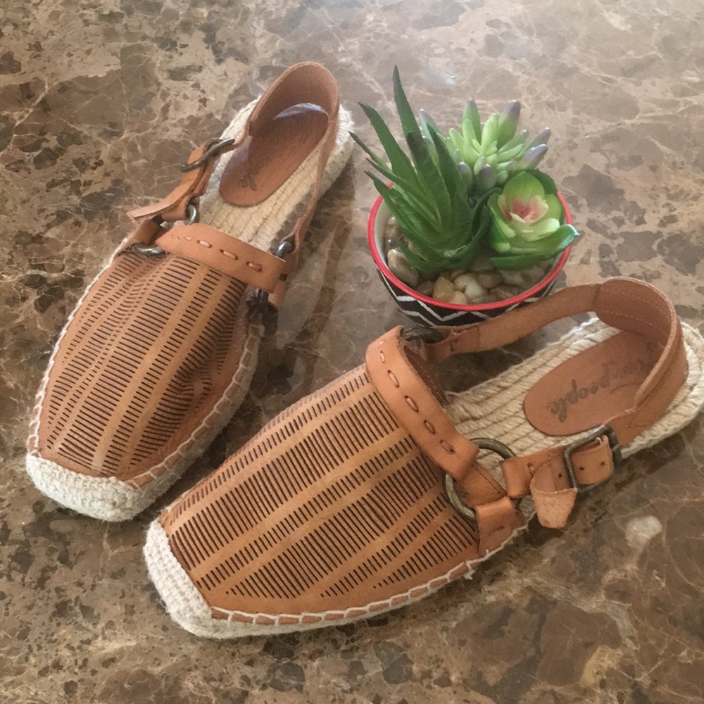 Free People Cabo Tan Leather Perforated Espadrille Slingback Sandals size 37